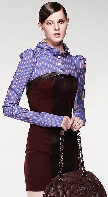 卓雅jorya女装2014秋冬新款显瘦羊皮拼接气质