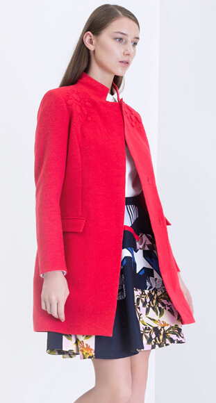 LILY丽丽2015春季新款女装立领红色直筒毛呢