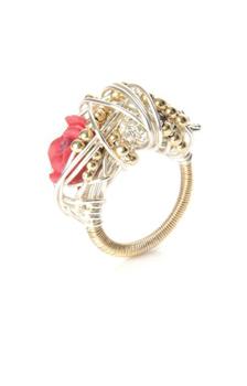 Kat&Bee 金色不规则造型花朵红玫瑰戒指