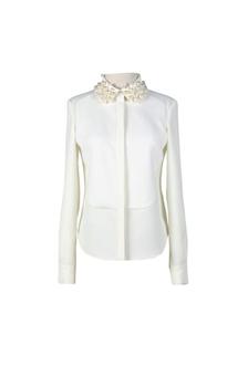 ESTUNE白色羊毛珍珠领简约时尚纯色通勤气质百搭优雅淑女OL衬衫