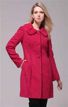 CARA卡拉女装2013秋冬新品玫红色中长款花案毛呢大衣外套K04MWN0088