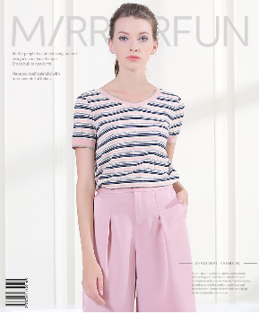 MIRROR FUN 2017夏装新款 彩色条纹V领针织短袖T恤 M102218X