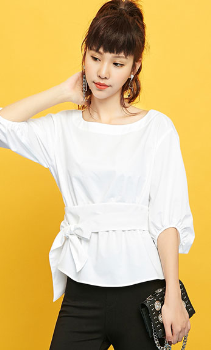 拉夏贝尔7m2017秋新款韩版灯笼袖上衣系带收腰修身衬衫女70008693