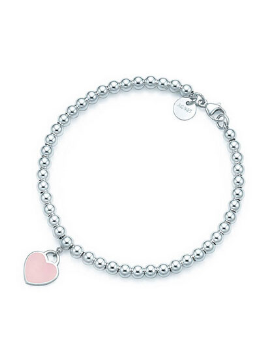 Tiffany & Co.蒂芙尼女式纯银心形小珠Bead粉色珐琅小号手链6.5英寸