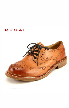 REGAL丽格女鞋英伦休闲布洛克雕花系带平跟真皮皮鞋F06C
