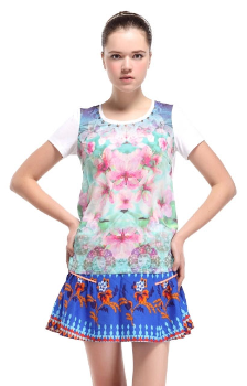 TBF女装2014夏装新款清新对称印花圆领短袖针织衫T13ET5115a