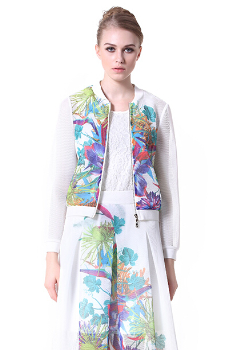 BERNIEELEN伯妮斯茵2015春季新款白色大自然印花���怆S性�A克小外套
