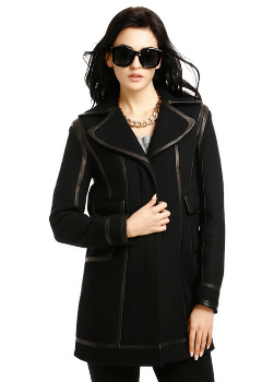 DVF女装羊皮拼接中长款羊毛黑色大衣CL3G008