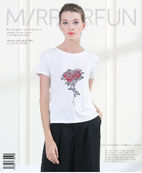 MIRROR FUN2017夏季新品牡丹刺绣圆领短袖T恤M102222X