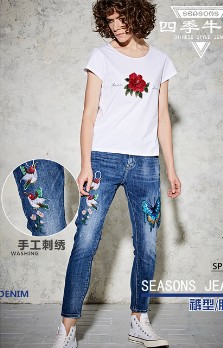 SEASONS（四季牛仔）春季新品时尚棉质刺绣中腰女式牛仔垮裤