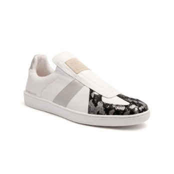 Men's Smooth White Black Silver Leather Low Tops
