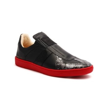Men's Smooth Black Red Leather Low Tops